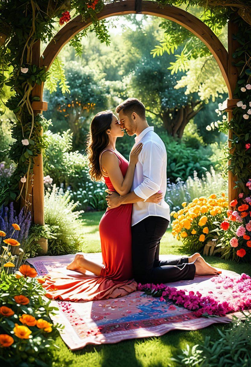 A warm, inviting scene featuring a couple embracing in a lush garden filled with colorful flowers, representing romance and intimacy. Soft sunlight filters through the leaves, creating a dreamy atmosphere, while delicate petals float in the air surrounding them. Include elements of wellness like yoga mats and essential oils nearby, emphasizing relaxation and sensory exploration. Each detail should evoke feelings of love and affection. vibrant colors. super-realistic. tranquil ambiance.