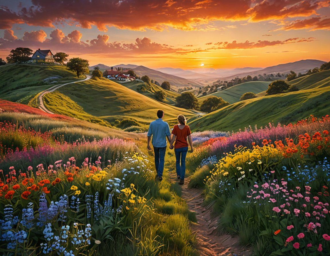 A serene landscape representing love, with intertwined hearts amidst blooming flowers and gentle rolling hills under a warm sunset. A couple walks hand in hand, radiating joy and connection, while symbols of sexual health subtly blend into the scene, like a stethoscope and heart. The atmosphere conveys harmony and thriving relationships. super-realistic. vibrant colors. warm tones.