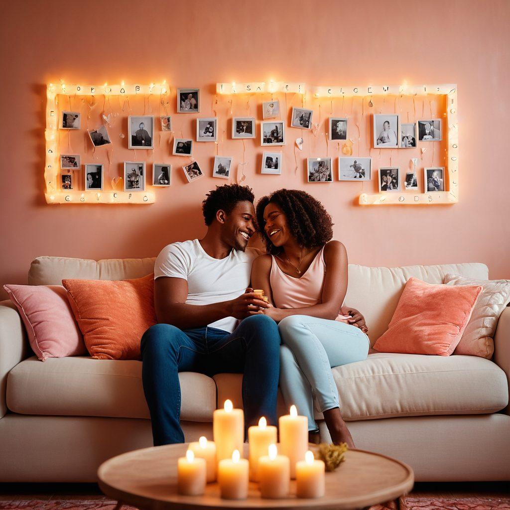 A warm, inviting scene of a diverse couple sitting together on a cozy couch, surrounded by soft cushions and candles, sharing laughter and deep conversations. In the background, a wall adorned with inspiring quotes about love and intimacy, with a calming palette of pastel colors. The atmosphere exudes comfort, trust, and connection. super-realistic. vibrant colors. soft lighting.